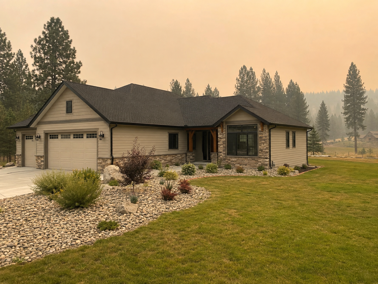 Roofing contractor inspecting a home roof in smoky North Idaho weather