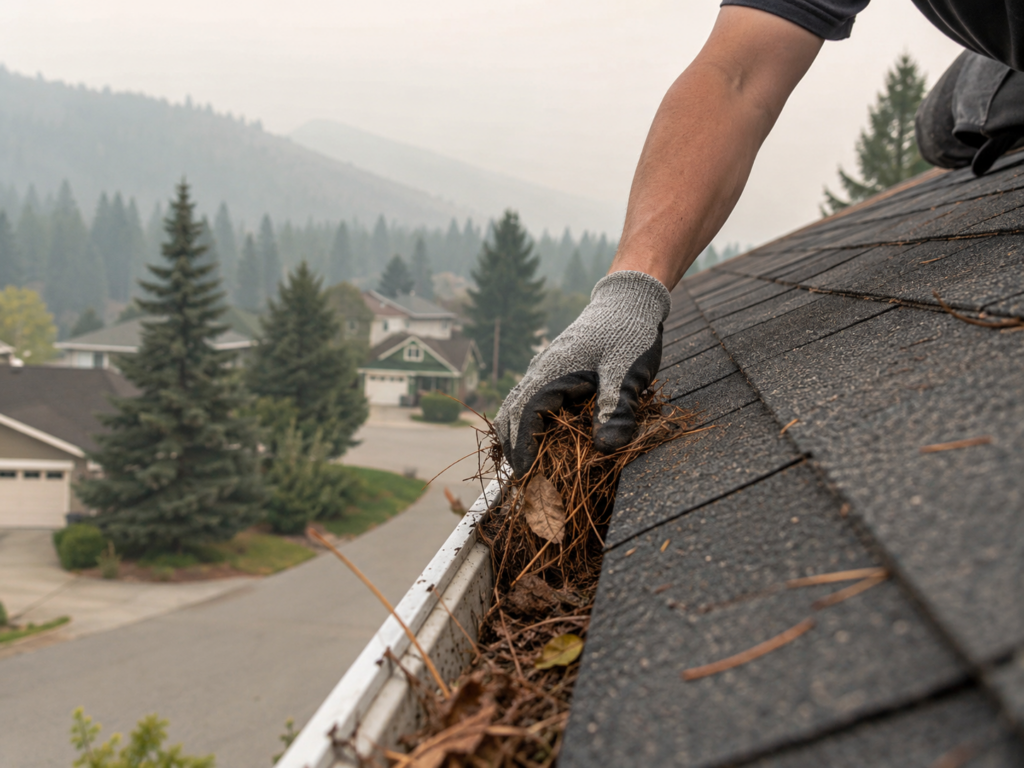 Post Falls Idaho roof gutter cleaning during wildfire smoke conditions